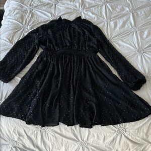 Black Long-Sleeve Dress with Subtle Polka Detail